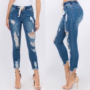 Plus Dark Wash Denim Distressed Skinny Joggers
